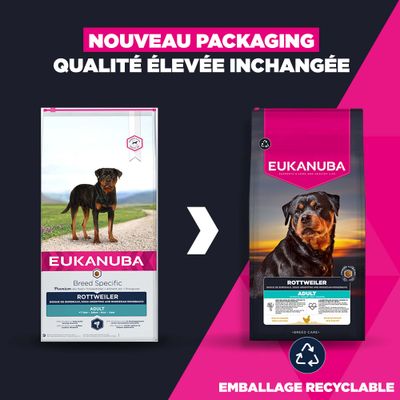 Eukanuba Rottweiler Adulte : nouveau design d'emballage recyclable, qualité inchangée. Deux emballages produits en comparaison, texte en français.
