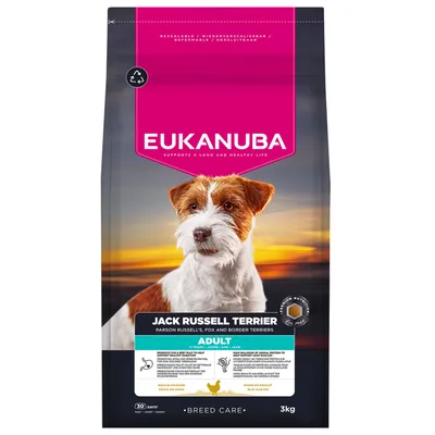 Eukanuba Jack Russell Terrier Adulto, rico em frango, 3 kg. Para Parson Russells, Fox e Border Terriers a partir de 1 ano. Embalagem reutilizável. Eukanuba Jack Russell Terrier Adulto, rico em frango, 3 kg. Para Parson Russells, Fox e Border Terriers a partir de 1 ano. Embalagem reutilizável.