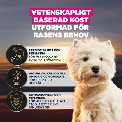 Vetenskapligt baserad näring, utvecklad för rasers specifika behov. Prebiotiska FOS och betmassa, omega-6/omega-3, antioxidanter och vitaminer för att stödja matsmältning, hud och immunsystem.