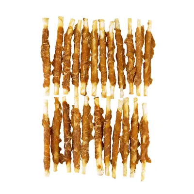 Mehrere Kausnacks aus weissem Material, umwickelt mit braunem Fleisch. Snackform länglich und gleichmässig verteilt.