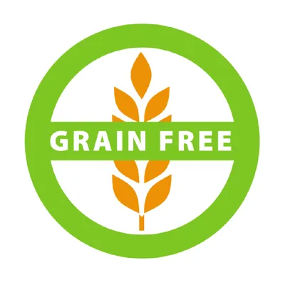 GRAIN FREE inscrit en lettres majuscules sur un épi stylisé, texte en anglais visible au centre d’un cercle vert.