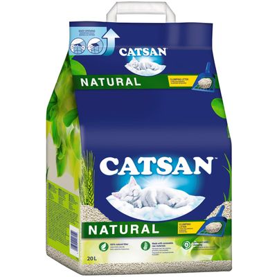 CATSAN Natural lettiera agglomerante, 20L. Lettiera per gatti 100% naturale, realizzata con materie prime rinnovabili, formazione rapida e solida di agglomerati, facile da aprire.