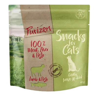 Purizon Snacks for Cats, 100 % Meat, Liver & Fish, Lamb & Fish, Gently freeze dried, 0 % grain, 40 g. Synlig tekst på engelsk. Purizon Snacks for Cats, 100 % Meat, Liver & Fish, Lamb & Fish, Gently freeze dried, 0 % grain, 40 g. Synlig tekst på engelsk.
