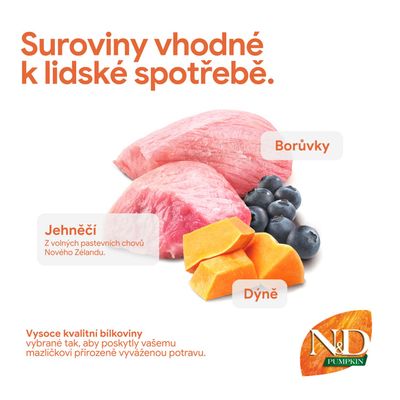 Suroviny vhodné na ľudskú spotrebu: jahňacie mäso z pastvín Nového Zélandu, čučoriedky, tekvica. Kvalitné bielkoviny pre vyváženú výživu zvierat. N&D Pumpkin.