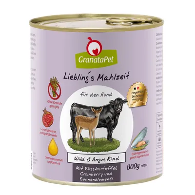 GranataPet Lieblings Mahlzeit pro psy, zvěřina a Angus hovězí s batáty, brusinkami a slunečnicovým olejem. Bez obilovin, vyrobeno v Německu, 800g netto.