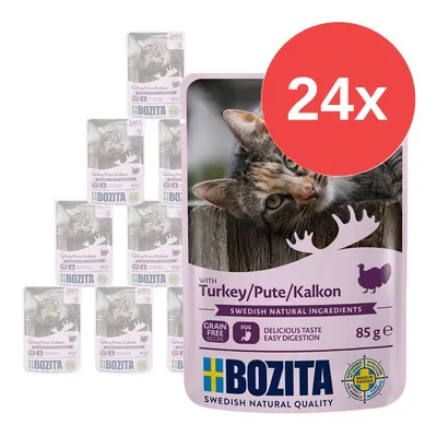 24× Bozita kapsička s krůtím masem, 85 g, nápisy: Turkey/Pute/Kalkon, Grain Free Recipe, Delicious Taste Easy Digestion, Made in Sweden, obrázek kočky na obalu. 24× Bozita kapsička s krůtím masem, 85 g, nápisy: Turkey/Pute/Kalkon, Grain Free Recipe, Delicious Taste Easy Digestion, Made in Sweden, obrázek kočky na obalu.