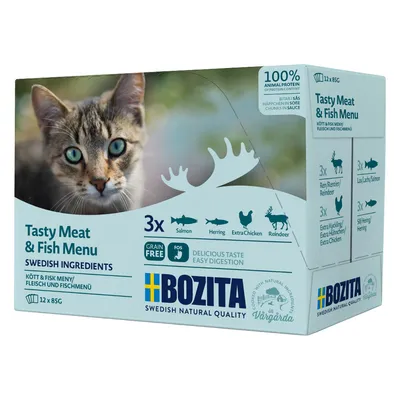 Bozita Tasty Meat & Fish Menu, svenska ingredienser, spannmålsfri, 100 % animaliskt protein. Varianter: lax, sill, extra kyckling, ren. Förpackning med 12x85g bitar i sås.