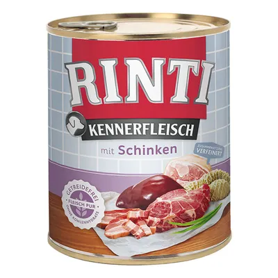 RINTI Kennerfleisch mit Schinken -koiran märkäruokapurkki, etiketissä lihaa ja maksa, teksti: getreidefrei, fleisch pur, ohne kohlenhydrate, zusammensetzung verfeinert.