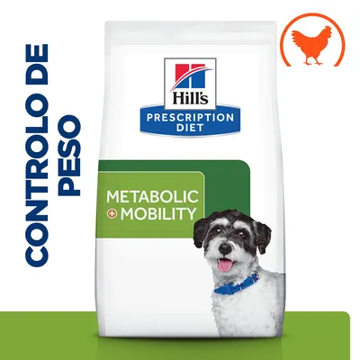 Hill's Prescription Diet Metabolic + Mobility para cães, controlo de peso. Saco com imagem de cão e símbolo de frango. Texto visível: CONTROLO DE PESO. Hill's Prescription Diet Metabolic + Mobility para cães, controlo de peso. Saco com imagem de cão e símbolo de frango. Texto visível: CONTROLO DE PESO.