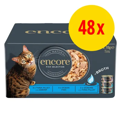Encore Fish Selection 100% Natural Ingredients, 48x70g dåser. Varianter: 3x Tuna Fillet with Shrimp, 3x Ocean Fish, 2x Sardine with Tuna Fillet. Kat og dåsemad synlige på pakken.