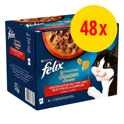Purina felix Sensations Sauces, zestaw 48x. Widoczny karton z ilustracją kota i kawałkami karmy w sosie. Na opakowaniu tekst: Geschmacksvielfalt vom Land, 6x indyk, wołowina, jagnięcina, kaczka.