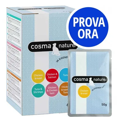 cosma nature, confezione con bustina da 50 g Chicken breast. Gusti visibili: Chicken breast, Chicken & Salmon, Tuna, Tuna & Shrimps, Chicken & Chicken ham. Testo cerchio blu: PROVA ORA.