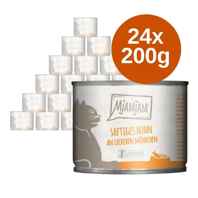 MjAMjAM Saftiges Huhn an leckeren Möhrchen macskaeledel, 24×200 g konzerv csomagolásban. Narancssárga körben: 24x 200g felirat. MjAMjAM Saftiges Huhn an leckeren Möhrchen macskaeledel, 24×200 g konzerv csomagolásban. Narancssárga körben: 24x 200g felirat.