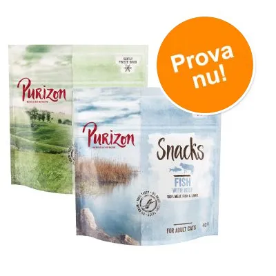 Purizon Snacks Fish with Beef, 100% meat fish & liver, for adult cats, förpackning med texten 'Prova nu!' i orange cirkel. Synlig Purizon-logotyp.