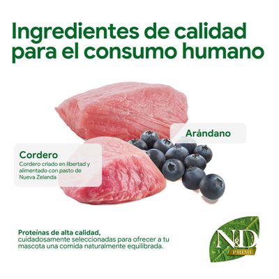Ingredientes: carne de cordero de Nueva Zelanda, arándanos. Proteínas de alta calidad, cuidadosamente seleccionadas para una alimentación animal naturalmente equilibrada. N&D Prime.