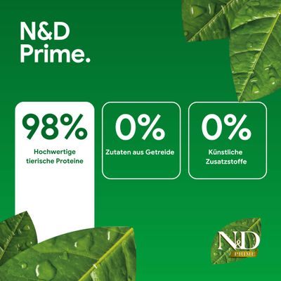 N&D Prime: 98% hochwertige tierische Proteine, 0% Zutaten aus Getreide, 0% künstliche Zusatzstoffe.