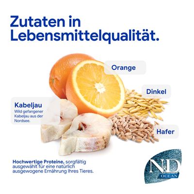 Zutaten in Lebensmittelqualität: Orange, Dinkel, Hafer, wild gefangener Kabeljau aus der Nordsee. Hochwertige Proteine für ausgewogene Tierernährung. N&D Ocean.