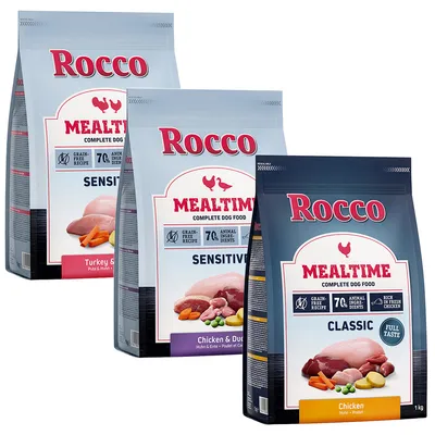 Drei Rocco Mealtime Hundefutterbeutel: Sensitive Turkey & Chicken, Sensitive Chicken & Duck, Classic Chicken. Sichtbar: getreidefreie Rezeptur, 70% tierische Zutaten.