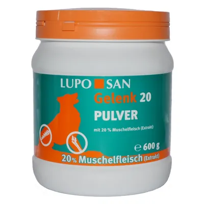 Кутия LUPO SAN Gelenk 20 PULVER, 600 г, с надпис 20 % Muschelfleisch (Extrakt), изображение на оранжево куче и символи. Текстът е на немски език.