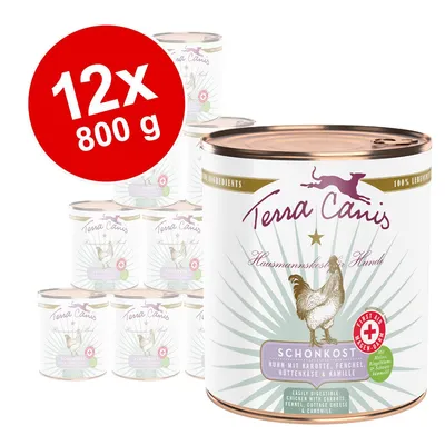 Terra Canis skonkost för hundar, kyckling med morot, fänkål, cottage cheese och kamomill. Förpackning: 12x 800g. Husmanskost med lättsmälta ingredienser.