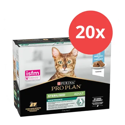 Purina Pro Plan Sterilised Adult Maintenance, 20x75g, terrin med kummel och torsk. ISFM-certifierad, inga tillsatta färgämnen.