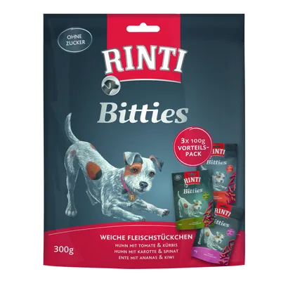 Rinti Bitties, мягкие мясные кусочки, 300 г. Варианты: курица с томатом и тыквой, курица с морковью и шпинатом, утка с ананасом и киви. Выгодная упаковка 3x100 г, без сахара.