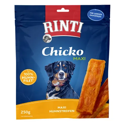 Rinti Chicko Maxi, 250 g, maxi-kanasuikaleet 100 % kananfileestä. Pitkäkestoiseen pureskeluun.