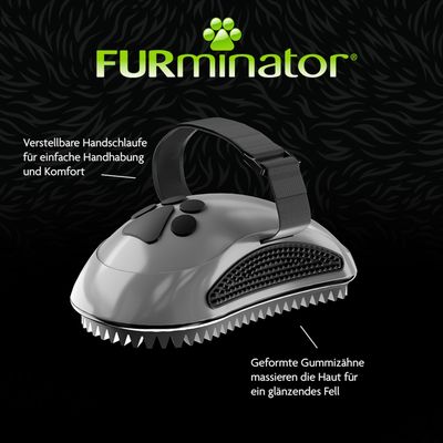 FURminator mit verstellbarer Handschlaufe für einfache Handhabung und Komfort, geformte Gummizähne massieren die Haut für ein glänzendes Fell.