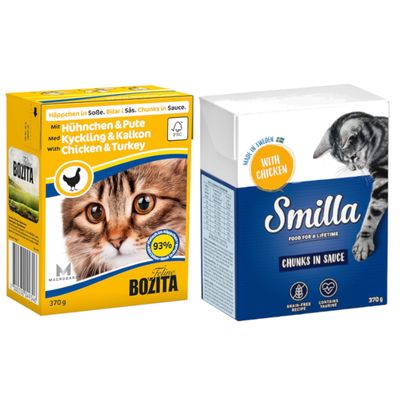 Två förpackningar kattmat: Bozita Kyckling & Kalkon 370 g med text på svenska, tyska och engelska samt Smilla Chunks in Sauce with Chicken 370 g, båda med bilder på katter.