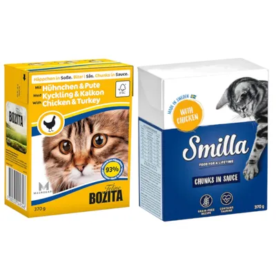 Två förpackningar kattmat: Bozita Kyckling & Kalkon 370 g med text på svenska, tyska och engelska samt Smilla Chunks in Sauce with Chicken 370 g, båda med bilder på katter.