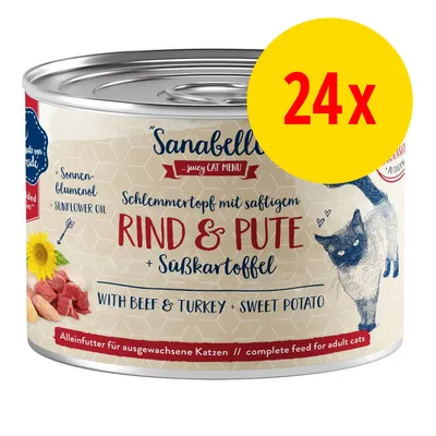 Sanabelle juicy Cat Menu våtfoder för katt, Rind & Pute + Süßkartoffel, med nötkött, kalkon och sötpotatis. 24x burkar. Text på tyska och engelska synlig på förpackningen.