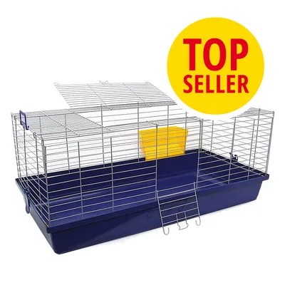 Kleintierkäfig mit Metall-Gitterwänden, blauer Kunststoffwanne und gelbem Zubehör. Gelber Kreis mit rotem Text 'Top Seller'.