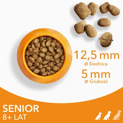 Karma dla psów seniorów 8+ lat, średnica granulki 12,5 mm, grubość 5 mm. Widoczne granulki w misce i zbliżenie na pojedyncze sztuki.