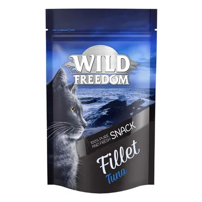 Wild Freedom Snack Fillet Tonfisk, 100 % rent och färskt. Förpackning med bild av katt och havslandskap.