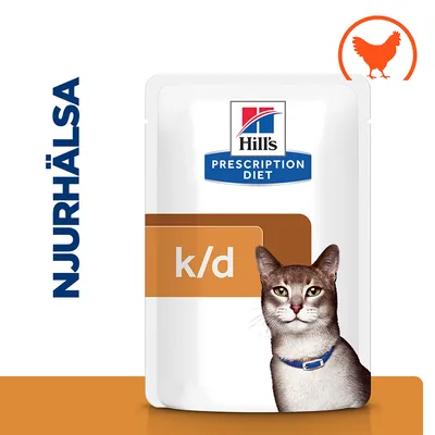 Hill's Prescription Diet k/d kattmat, texten 'NJURHÄLSA' och en orange siluett av en höna syns på förpackningen.