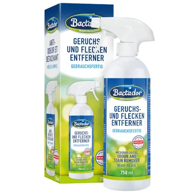 Bactador Geruchs- und Fleckenentferner, gebrauchsfertig, mikrobiologisch, 750 ml. Verpackung und Sprühflasche sichtbar.