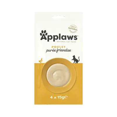 Applaws Natural Cat Food, poulet purée friandise, 100% natural ingredients, 4 x 15g. Emballage avec assiette de purée visible.
