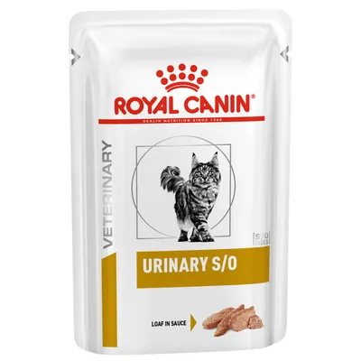 Veterinary food pouch labelled URINARY S/O, loaf in sauce, with an image of a cat and food pieces shown on the packaging.