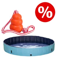 Jouet KONG orange avec corde rouge et blanche, piscine pliable bleue pour chien, symbole de réduction en haut à droite