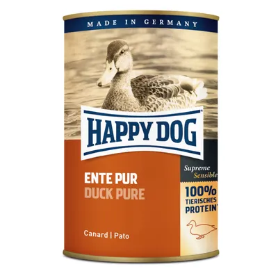 Happy Dog konzerv, Ente Pur Duck Pure, 100% tierisches Protein, Made in Germany, Supreme Sensible feliratok láthatók a csomagoláson, kacsás illusztrációval.