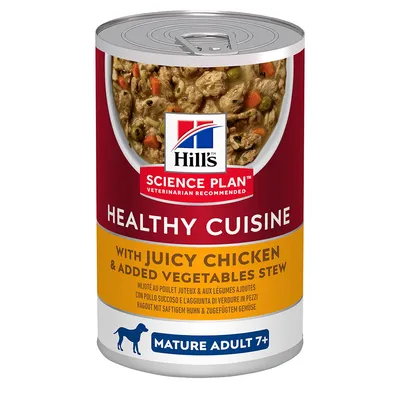 Hill's Science Plan Healthy Cuisine comida húmida para cães seniores a partir dos 7 anos, com frango suculento e legumes adicionados. Recomendado por veterinários.