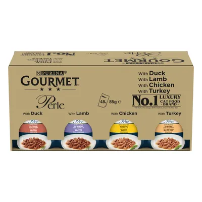 Gourmet Perle selection pack with 48 x 85g pouches in duck, lamb, chicken and turkey varieties. Label states No.1 luxury cat food brand.