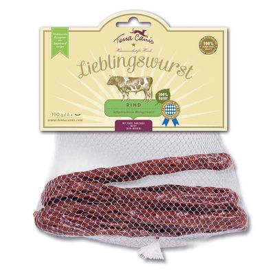 Terra Canis Lieblingswurst Rind, 190 g/8 kpl, 100 % Natur, ilmakuivattu makkara naudasta, pakkauksessa näkyy verkossa olevat makkarat ja tuotetiedot saksaksi ja englanniksi