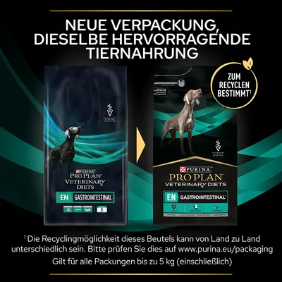 Comparaison des anciens et nouveaux emballages Purina Pro Plan Veterinary Diets EN Gastrointestinal pour chien, texte en allemand sur le recyclage et la continuité du produit.