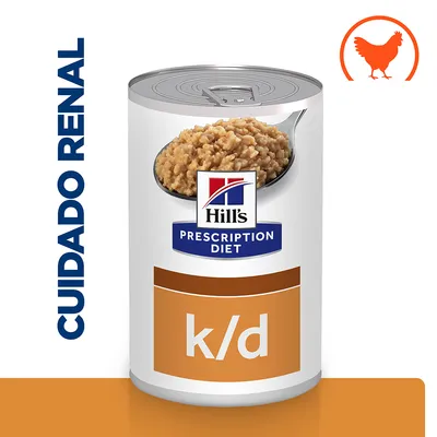 Lata de Hill's Prescription Diet k/d con imagen de comida húmeda, texto visible 'CUIDADO RENAL' y símbolo de pollo naranja en la esquina superior derecha. Lata de Hill's Prescription Diet k/d con imagen de comida húmeda, texto visible 'CUIDADO RENAL' y símbolo de pollo naranja en la esquina superior derecha.
