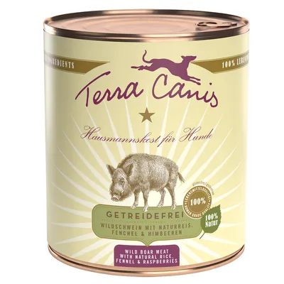 Terra Canis Hausmannskost für Hunde, getreidefrei. Vildsvinskött med naturreis, fänkål och hallon. 100 % livsmedelskvalitet, 100 % natur. Text även på engelska och tyska.