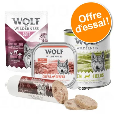 Wolf of Wilderness – assortiment d’aliments pour chien : sachet Leafy Willows, boîte Great Desert, boudin The Taste of Canada, conserve Green Fields. Pastille orange : Offre d’essai !