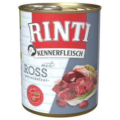 Konzerva Rinti Kennerfleisch mit Ross, getreidefrei. Na embalaži so vidni kosi mesa in pečat 'Rinti seit 1983 Original'. Besedilo je v nemščini.