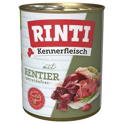 Blik Rinti Kennerfleisch mit Rentier, getreidefrei. Afbeelding van vleesstukken en orgaanvlees op de verpakking. Rinti seit 1996 Original zichtbaar.