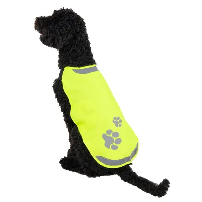 Hund trägt eine gelbe reflektierende Sicherheitsweste mit grauen Pfotenmotiven und reflektierenden Streifen.